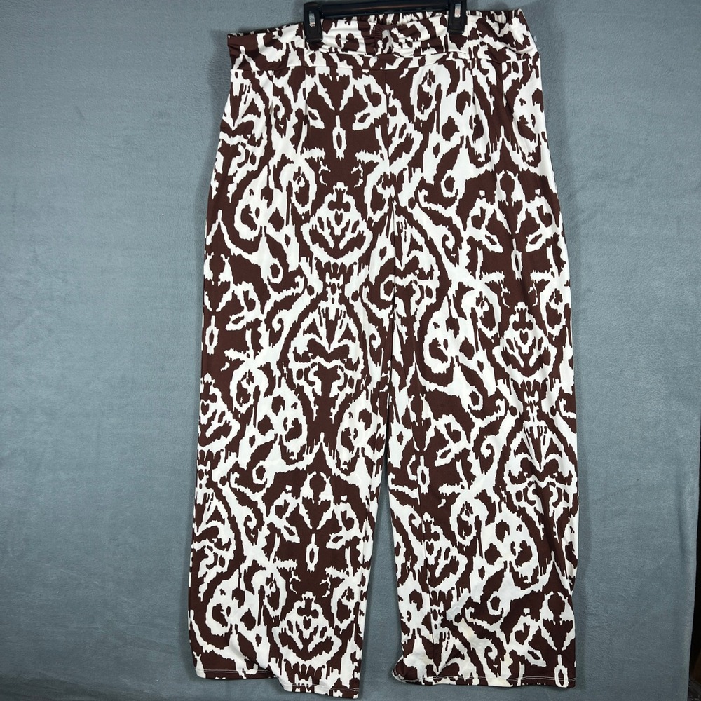 Messini Womens Pants XL Brown White Ikat Damask Wide Leg Elastic Waist Buckle